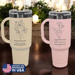 Perzonalized 40 oz Tumbler with Handle, Birth Flower Engraving – Fits Most Cup Holders, Dishwasher Safe, BPA-Free Lid & Straw – Powder-Coated Stainless Steel – Personalized Gift for Her